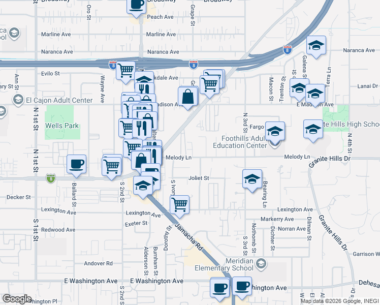 map of restaurants, bars, coffee shops, grocery stores, and more near in El Cajon