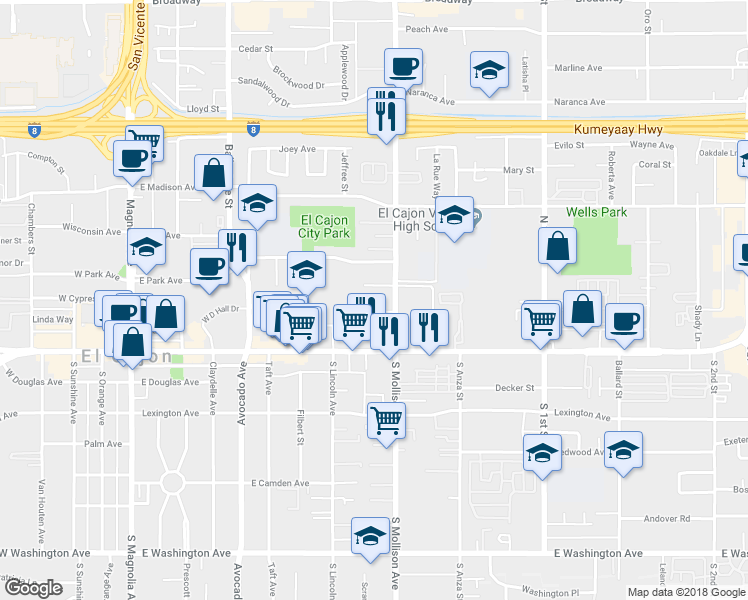 map of restaurants, bars, coffee shops, grocery stores, and more near 254 North Mollison Avenue in El Cajon