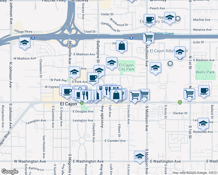 map of restaurants, bars, coffee shops, grocery stores, and more near 311 Ballantyne Street in El Cajon