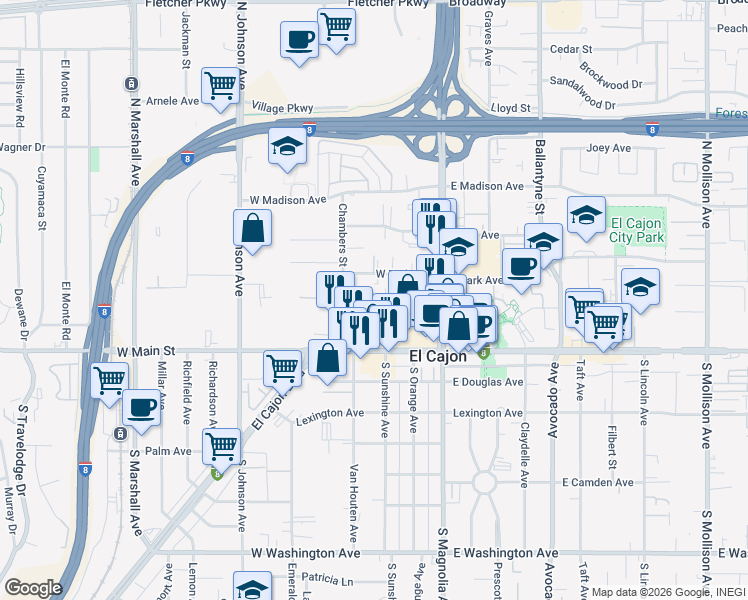 map of restaurants, bars, coffee shops, grocery stores, and more near 337 West Park Avenue in El Cajon