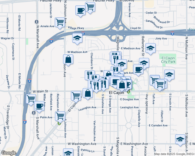 map of restaurants, bars, coffee shops, grocery stores, and more near 337 West Park Avenue in El Cajon