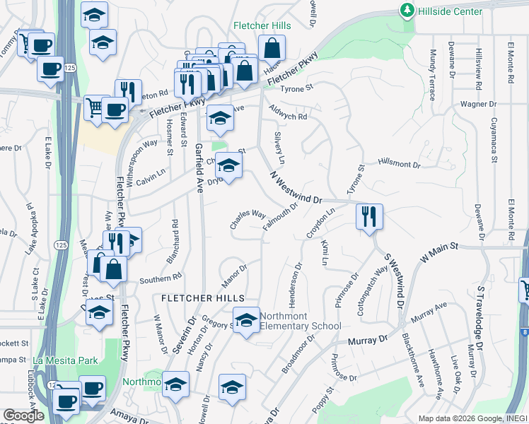 map of restaurants, bars, coffee shops, grocery stores, and more near 2125 Dryden Road in El Cajon