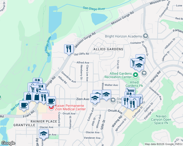 map of restaurants, bars, coffee shops, grocery stores, and more near 6869 Clara Lee Avenue in San Diego