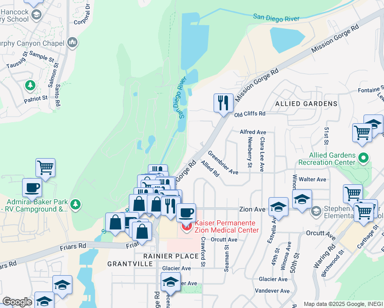 map of restaurants, bars, coffee shops, grocery stores, and more near 6850 Mission Gorge Road in San Diego