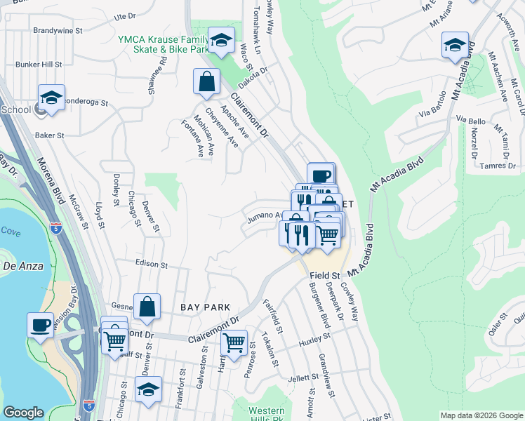 map of restaurants, bars, coffee shops, grocery stores, and more near 4740 Iroquois Avenue in San Diego