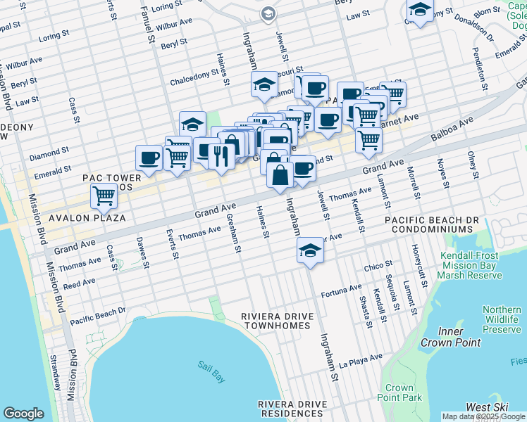 map of restaurants, bars, coffee shops, grocery stores, and more near 1527 Grand Avenue in San Diego