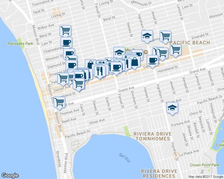 map of restaurants, bars, coffee shops, grocery stores, and more near 1261-69 Garnet Avenue in San Diego