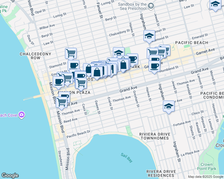 map of restaurants, bars, coffee shops, grocery stores, and more near in San Diego