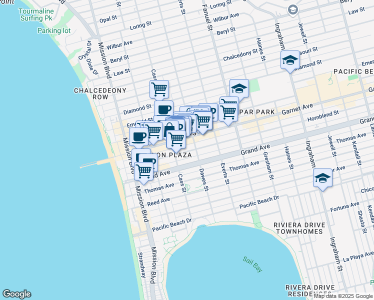 map of restaurants, bars, coffee shops, grocery stores, and more near 1059 Garnet Avenue in San Diego