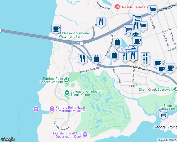 map of restaurants, bars, coffee shops, grocery stores, and more near 198 Patriots Point Road in Mount Pleasant