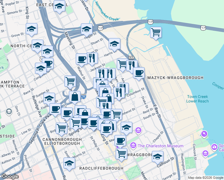 map of restaurants, bars, coffee shops, grocery stores, and more near 39 Aiken Street in Charleston