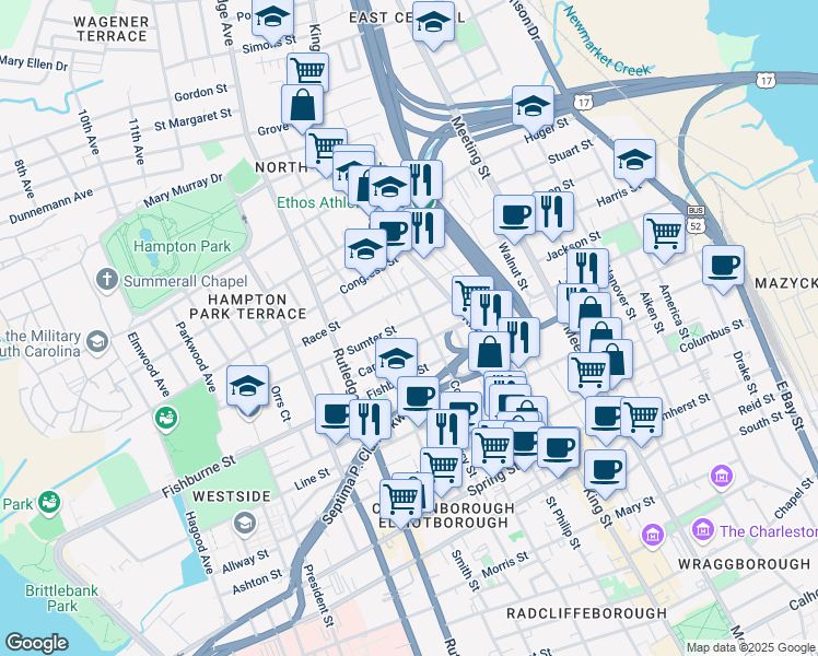 map of restaurants, bars, coffee shops, grocery stores, and more near 299 Coming Street in Charleston
