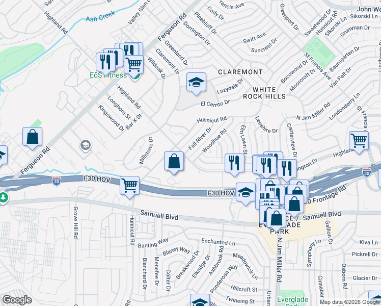 map of restaurants, bars, coffee shops, grocery stores, and more near 8018 Hunnicut Road in Dallas