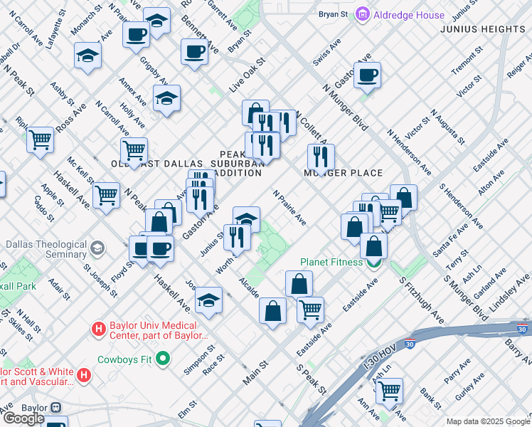 map of restaurants, bars, coffee shops, grocery stores, and more near 4721 Worth Street in Dallas