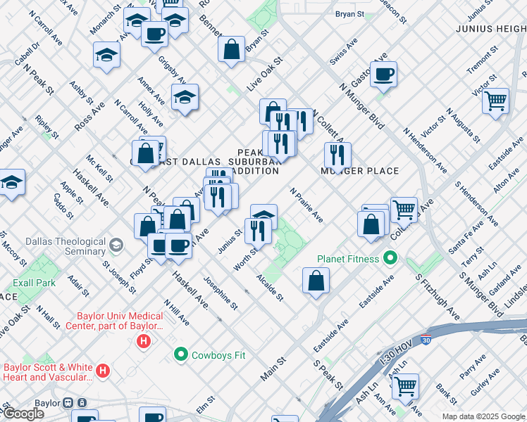 map of restaurants, bars, coffee shops, grocery stores, and more near 4631 Junius Street in Dallas