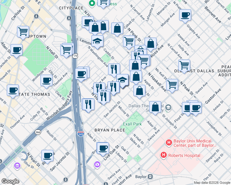 map of restaurants, bars, coffee shops, grocery stores, and more near 3655 Ross Avenue in Dallas