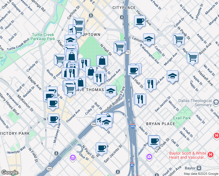 map of restaurants, bars, coffee shops, grocery stores, and more near 2700-3298 Colby Street in Dallas