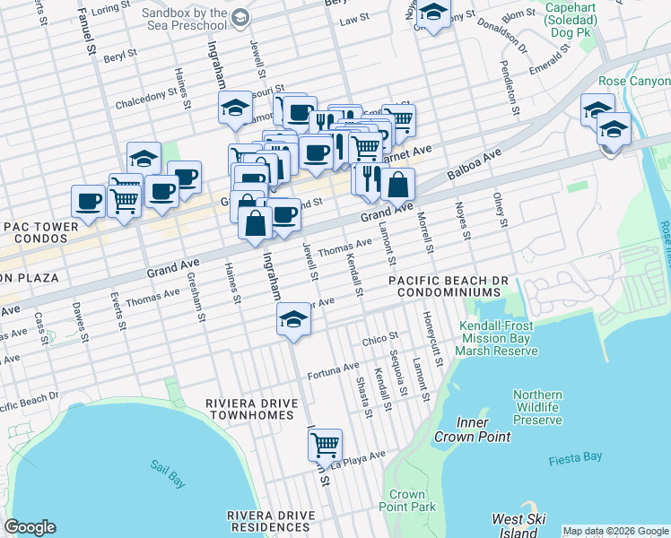 map of restaurants, bars, coffee shops, grocery stores, and more near 1748 Reed Avenue in San Diego
