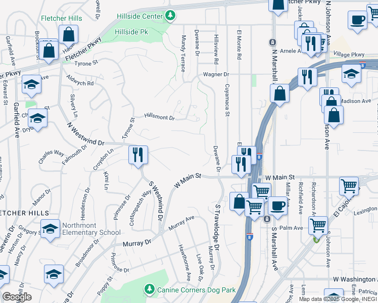 map of restaurants, bars, coffee shops, grocery stores, and more near 1498 Berenda Place in El Cajon