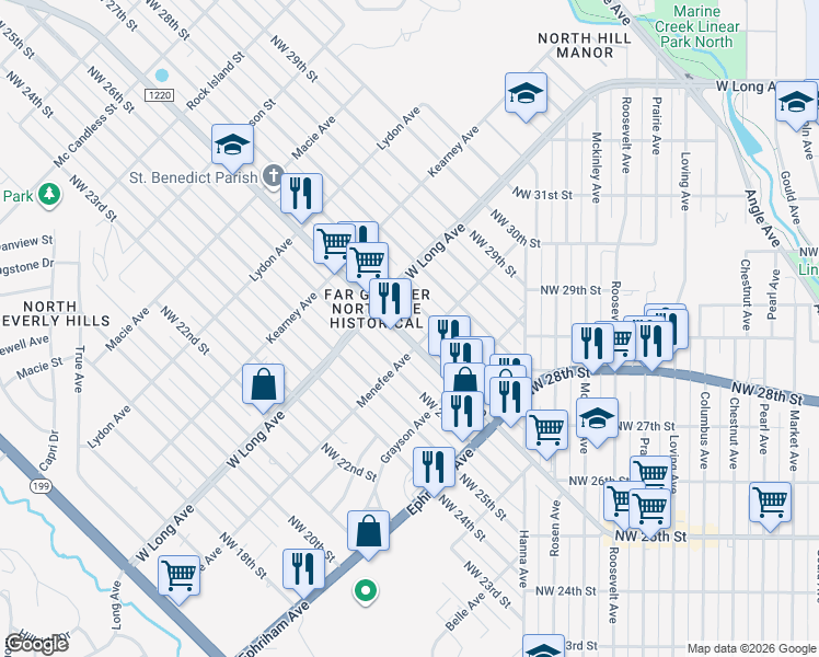 map of restaurants, bars, coffee shops, grocery stores, and more near 2620 Azle Avenue in Fort Worth