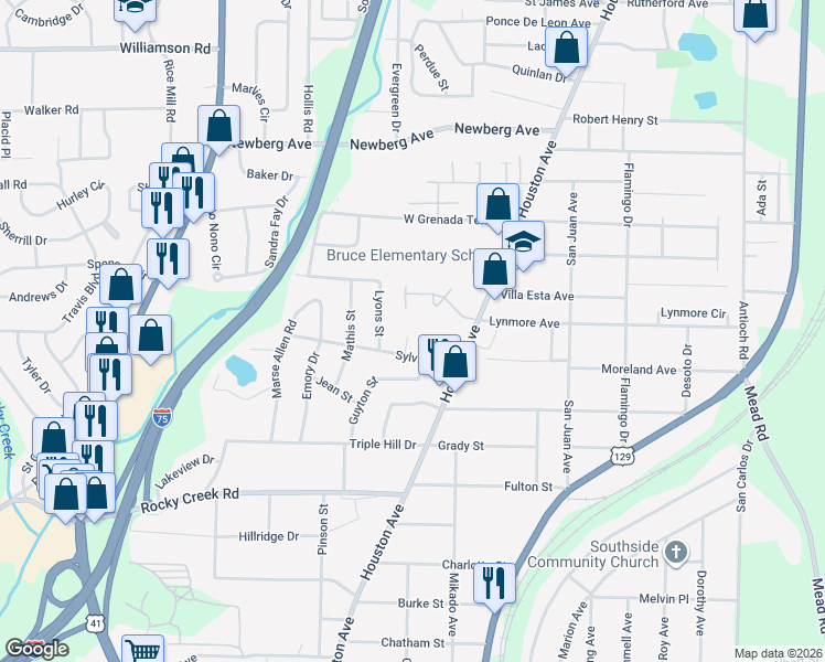 map of restaurants, bars, coffee shops, grocery stores, and more near 3866 Myrtle Court in Macon