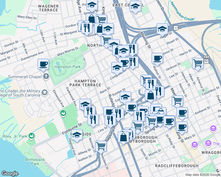 map of restaurants, bars, coffee shops, grocery stores, and more near 83 Race Street in Charleston