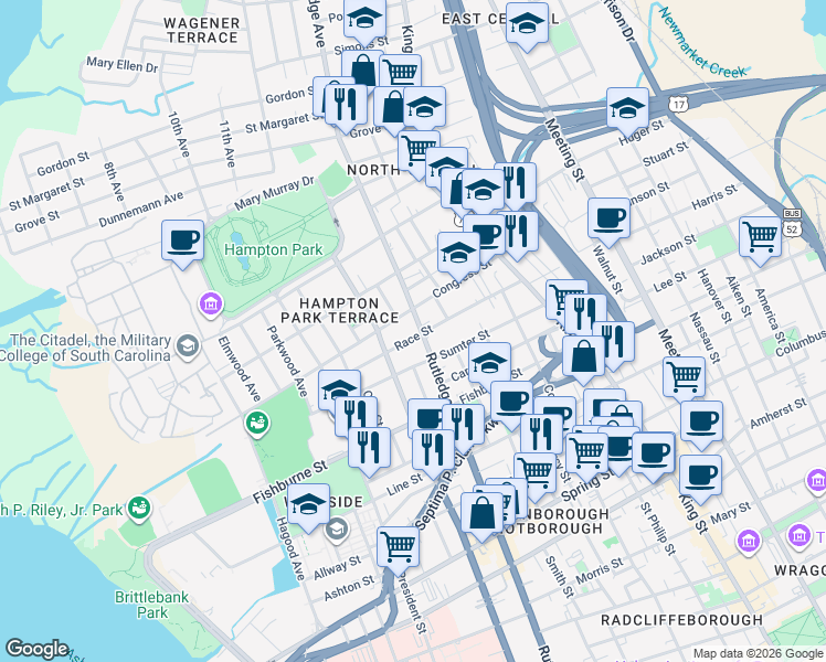 map of restaurants, bars, coffee shops, grocery stores, and more near 147 Congress Street in Charleston