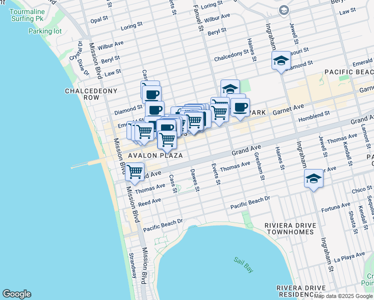 map of restaurants, bars, coffee shops, grocery stores, and more near Dawes Street & Hornblend Street in San Diego