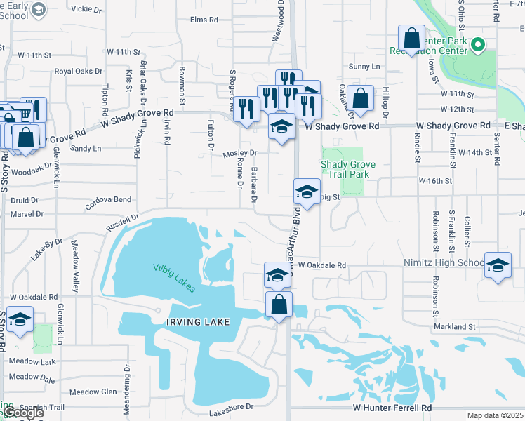 map of restaurants, bars, coffee shops, grocery stores, and more near 1618 Barbara Drive in Irving