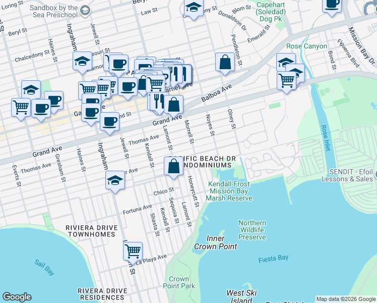 map of restaurants, bars, coffee shops, grocery stores, and more near 1972 Reed Avenue in San Diego