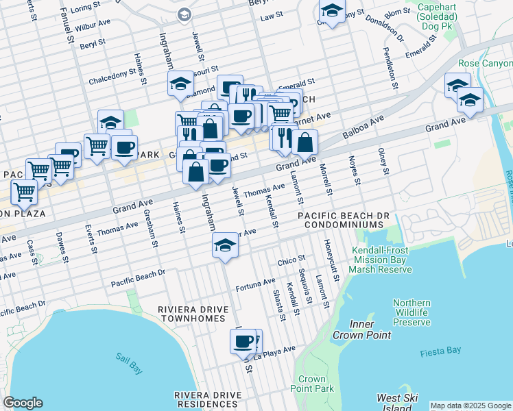 map of restaurants, bars, coffee shops, grocery stores, and more near 1746 Reed Avenue in San Diego