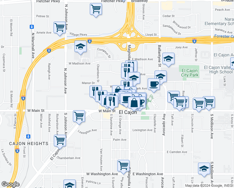 map of restaurants, bars, coffee shops, grocery stores, and more near 238 West Cypress Avenue in El Cajon