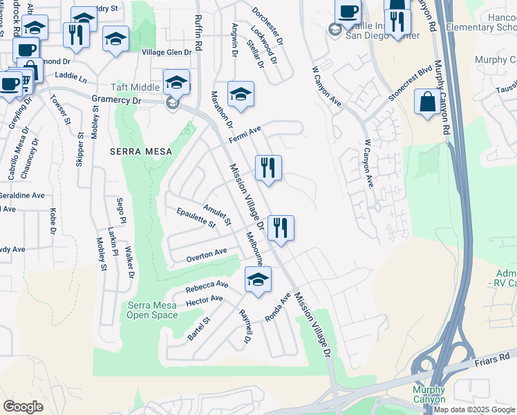 map of restaurants, bars, coffee shops, grocery stores, and more near 2839 Mission Village Drive in San Diego