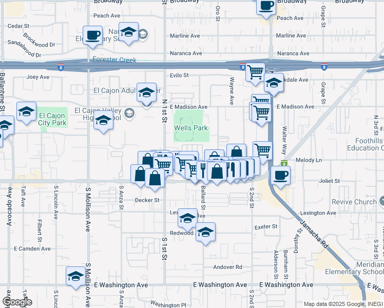 map of restaurants, bars, coffee shops, grocery stores, and more near 1174 East Main Street in El Cajon