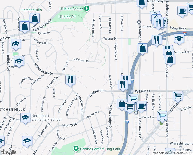 map of restaurants, bars, coffee shops, grocery stores, and more near 1498 Berenda Place in El Cajon
