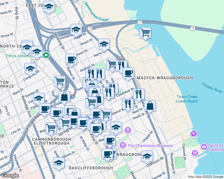 map of restaurants, bars, coffee shops, grocery stores, and more near 26 Aiken Street in Charleston