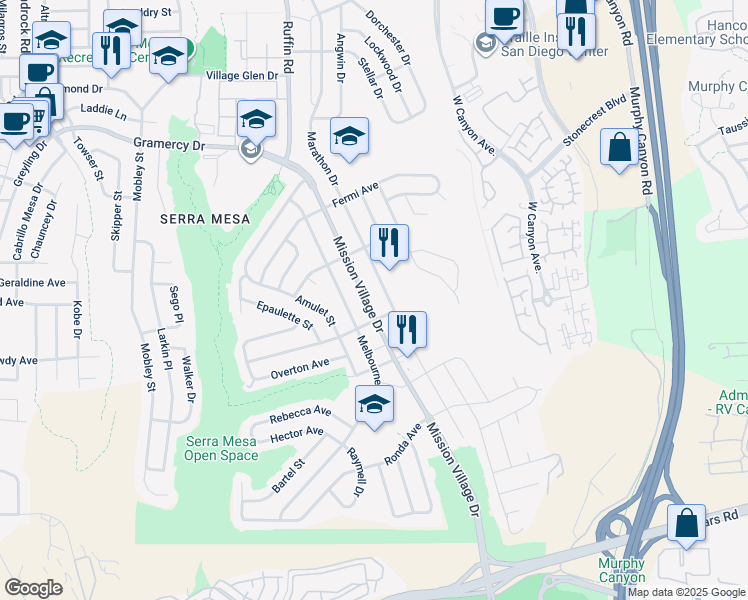 map of restaurants, bars, coffee shops, grocery stores, and more near 2839 Mission Village Drive in San Diego
