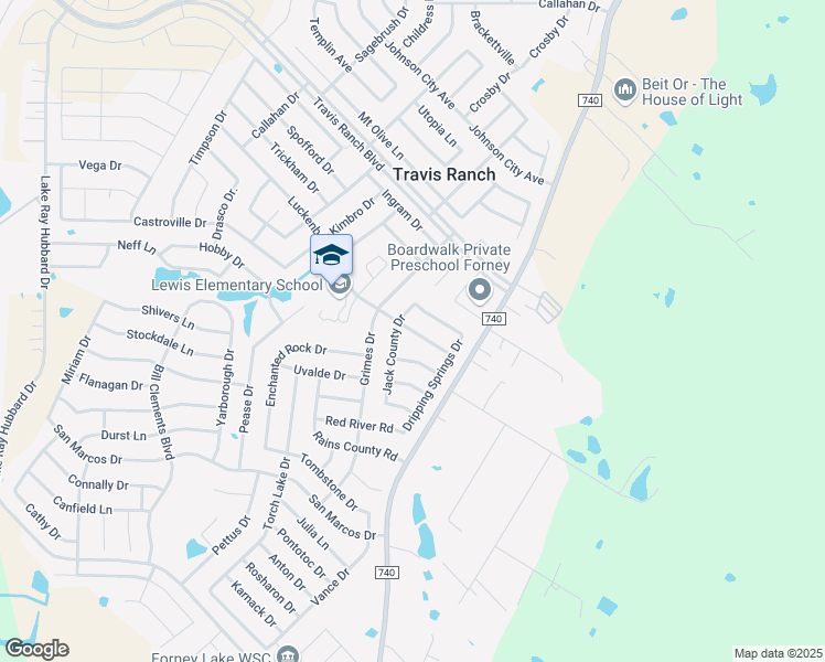 map of restaurants, bars, coffee shops, grocery stores, and more near 1309 Luckenbach Drive in Forney