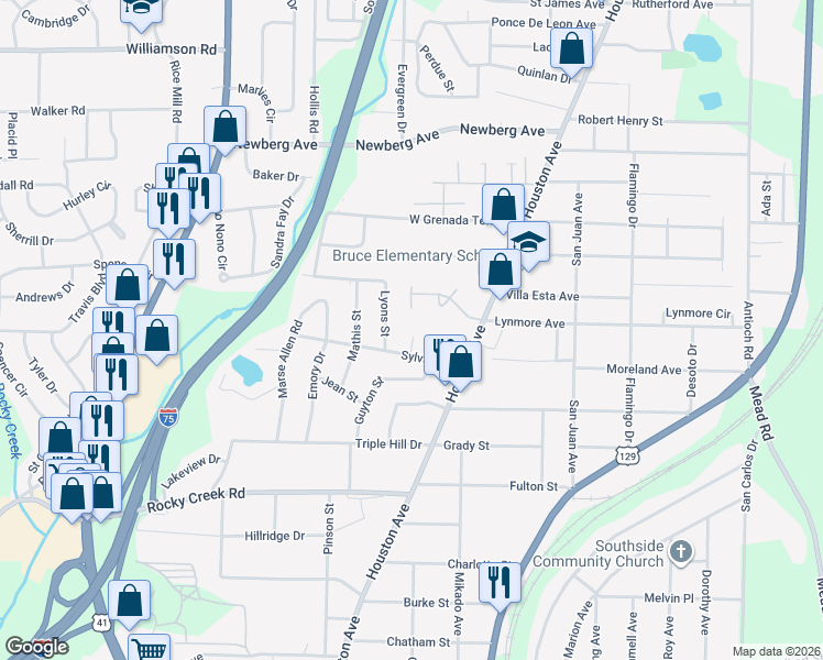 map of restaurants, bars, coffee shops, grocery stores, and more near 3846 Lyons Street in Macon