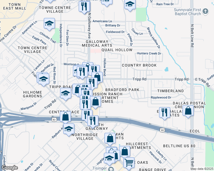 map of restaurants, bars, coffee shops, grocery stores, and more near 2340 Amesbury Drive in Mesquite