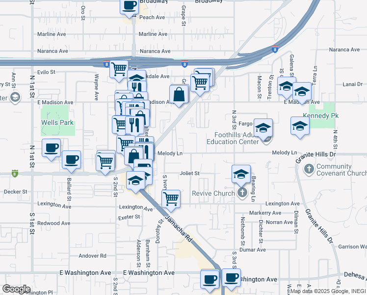 map of restaurants, bars, coffee shops, grocery stores, and more near 1322 Cantada Court in El Cajon
