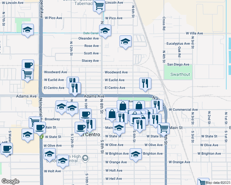 map of restaurants, bars, coffee shops, grocery stores, and more near 729 El Centro Avenue in El Centro