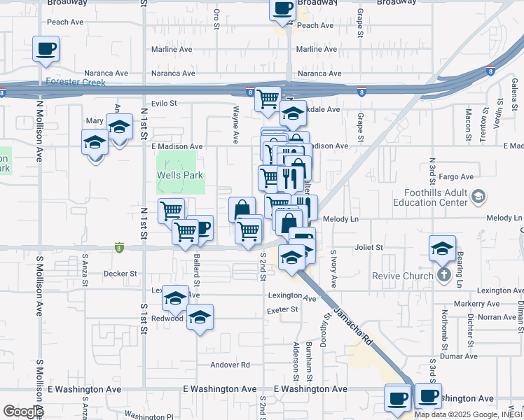 map of restaurants, bars, coffee shops, grocery stores, and more near 293 Shady Lane in El Cajon