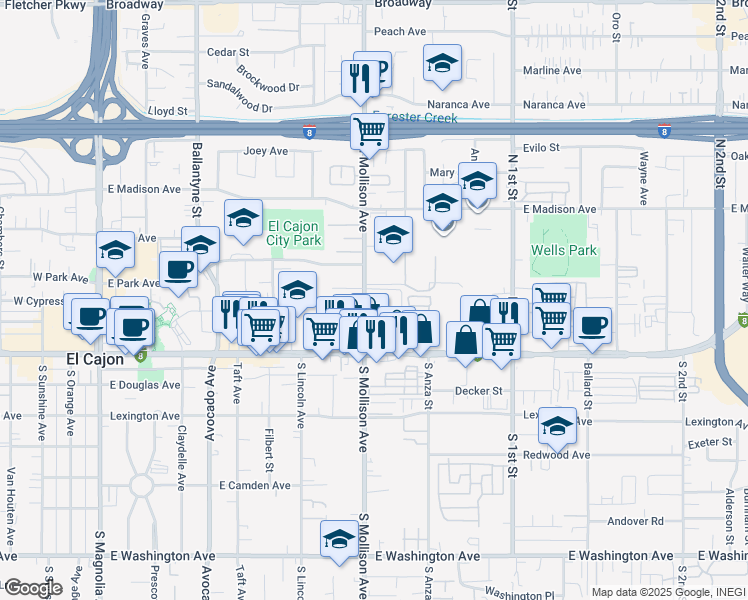 map of restaurants, bars, coffee shops, grocery stores, and more near 301 North Mollison Avenue in El Cajon