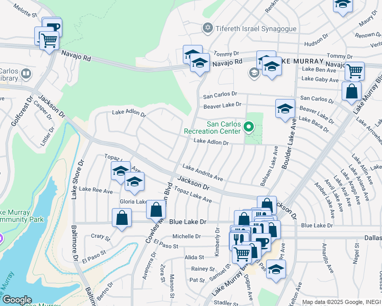 map of restaurants, bars, coffee shops, grocery stores, and more near 6367 Cowles Mountain Boulevard in San Diego