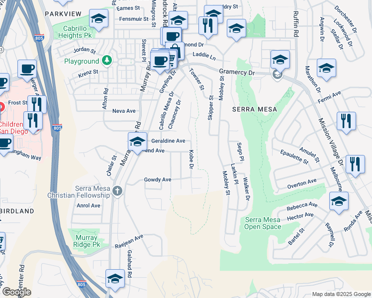 map of restaurants, bars, coffee shops, grocery stores, and more near 8980 Geraldine Avenue in San Diego