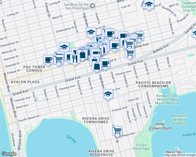 map of restaurants, bars, coffee shops, grocery stores, and more near in San Diego
