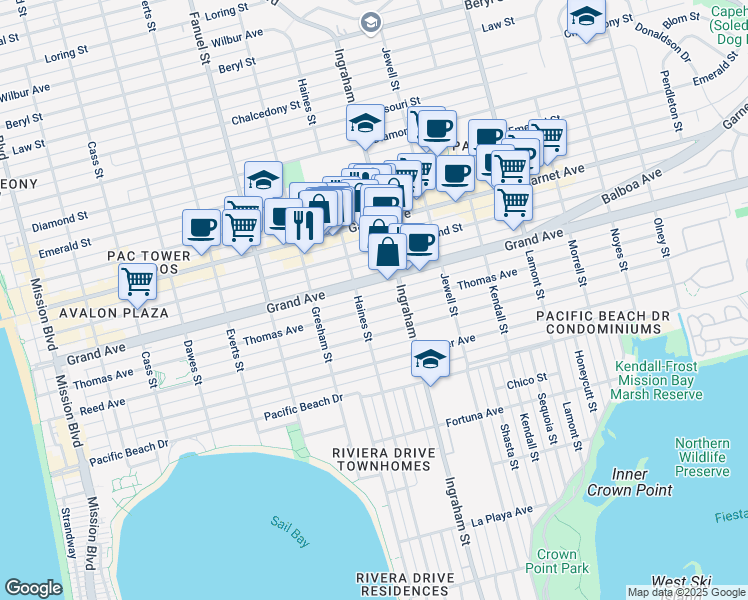 map of restaurants, bars, coffee shops, grocery stores, and more near 1527 Grand Avenue in San Diego