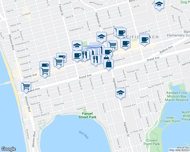 map of restaurants, bars, coffee shops, grocery stores, and more near 1438 Hornblend Street in San Diego