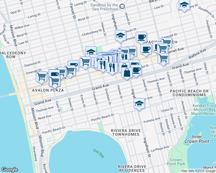 map of restaurants, bars, coffee shops, grocery stores, and more near 1438 Hornblend Street in San Diego